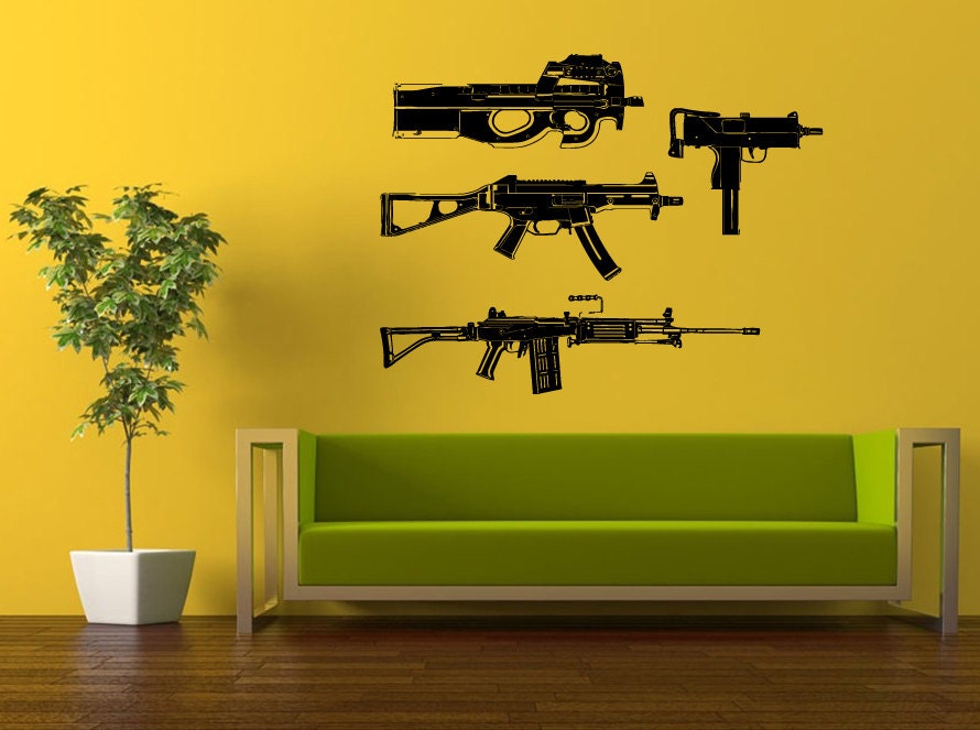 Gun Rack Set Uzi Machine Pistol Rifle Handgun Wall Decal Vinyl Sticker Mural Room Decor L850