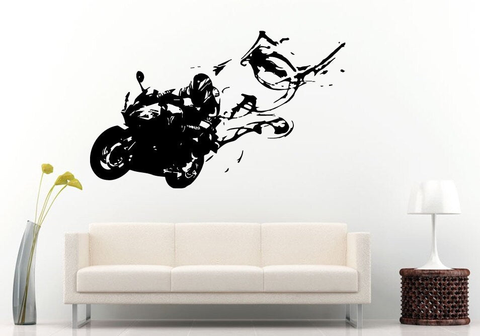 Motorcycle Sport Custom Crotch Rocket Racing Motorbike Burning Tires With Smoke Bike Wall Decal Vinyl Sticker Mural Room Decor L859