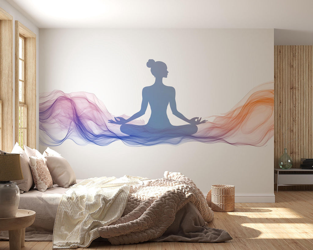 Meditation Wall Mural, Yoga Studio Wallpaper, Zen Spa Wall Art, Woman Silhouette Mural, Boho Wellness Room Decor, 655mv