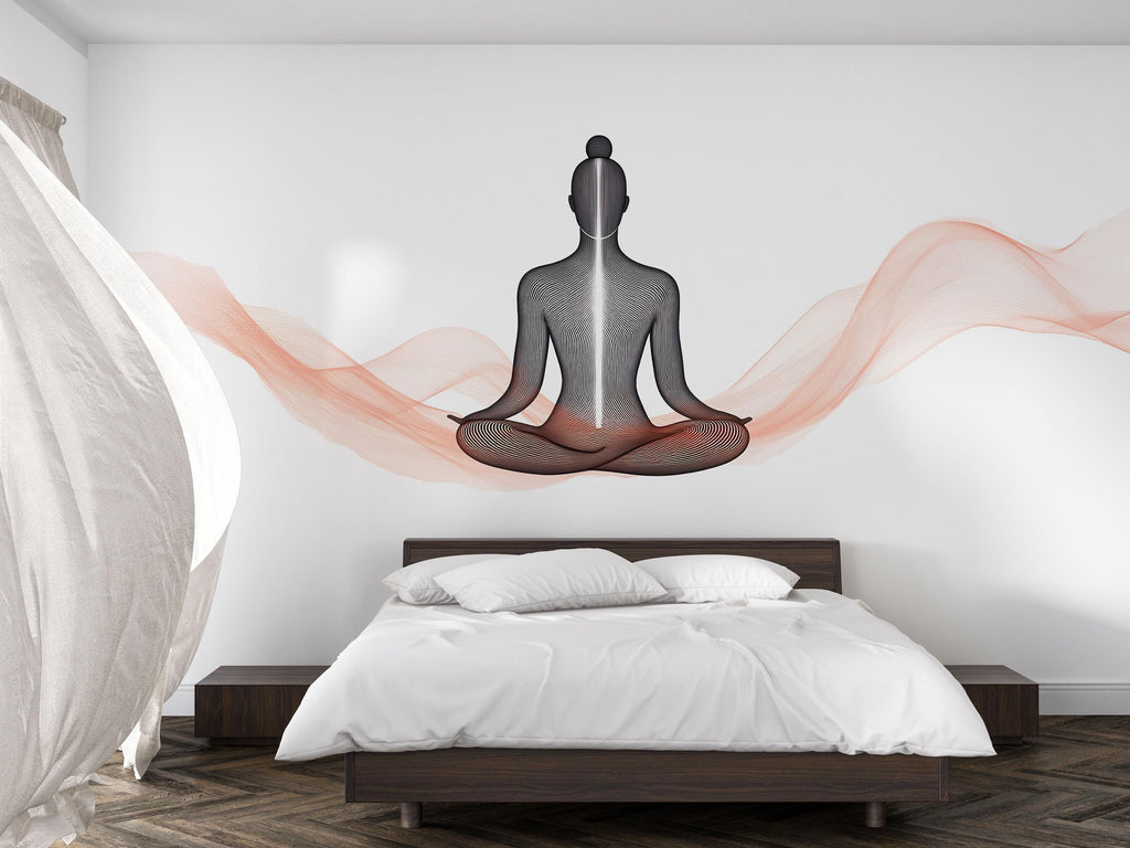 Meditation Wall Mural, Yoga Studio Wallpaper, Zen Spa Decor, Chakra Energy Art, Woman Silhouette Mural, 657mv