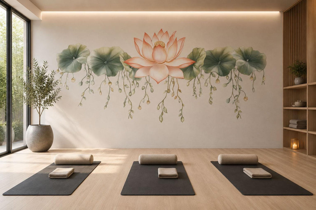 Lotus Flower Wall Mural, Yoga Studio Wallpaper, Zen Spa Decor, Meditation Room Wall Art, Botanical Wellness Mural, 660mv