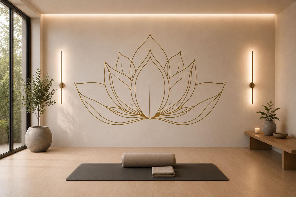 Gold Lotus Wall Mural, Yoga Studio Wallpaper, Zen Line Art Decor, Meditation Room Wall Art, Minimal Spa Mural, 661mv