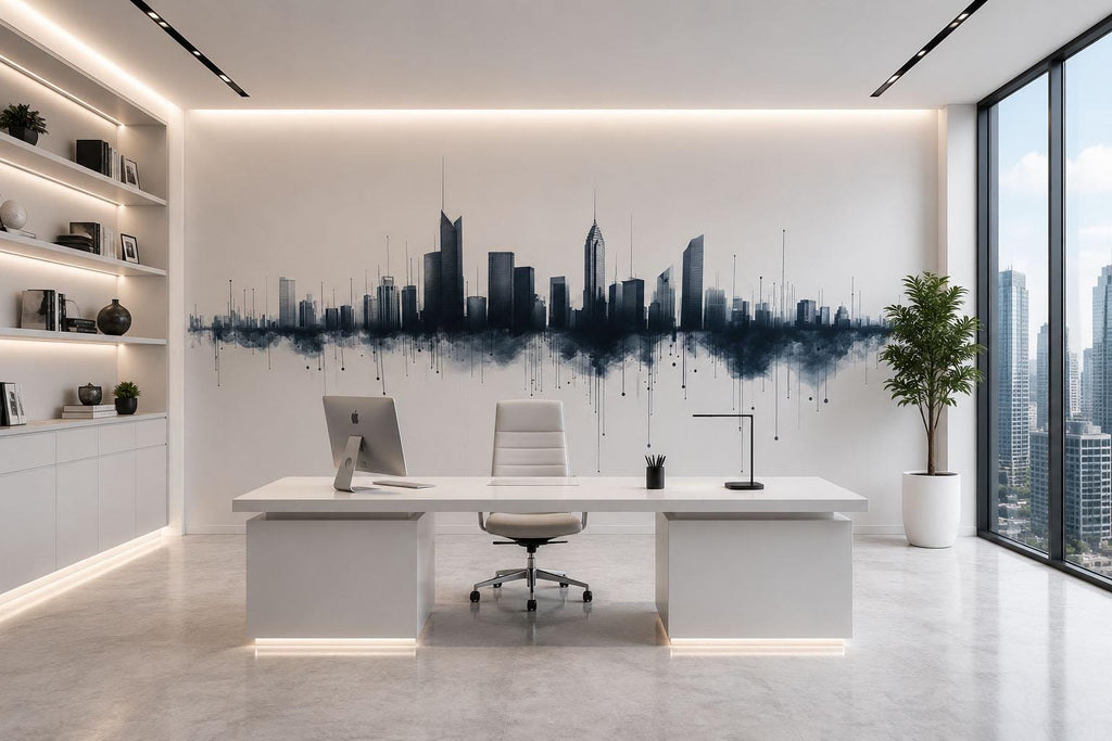 City Skyline Office Wall Mural, Modern Workspace Wallpaper, Urban Cityscape Wall Art, Corporate Executive Office Decor, 672mv