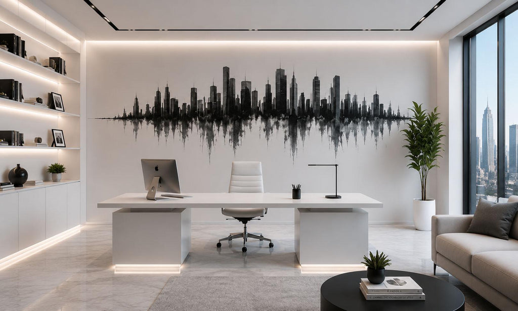 City Skyline Wall Mural, Modern Office Wallpaper, Urban Cityscape Wall Art, Black White Executive Workspace Decor, 673mv