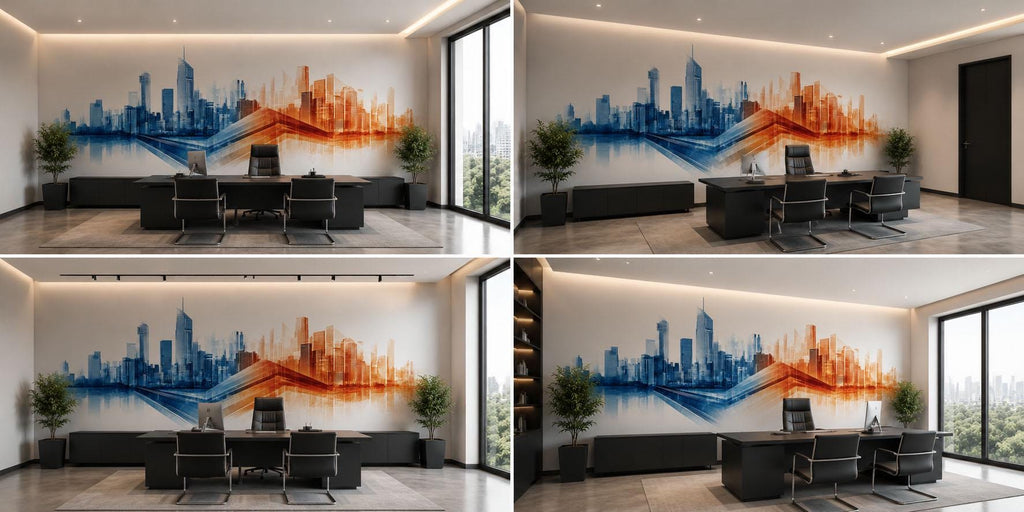Blue Orange City Skyline Wall Mural, Modern Office Wallpaper, Executive Workspace Decor, Corporate Urban Wall Art, 677mv