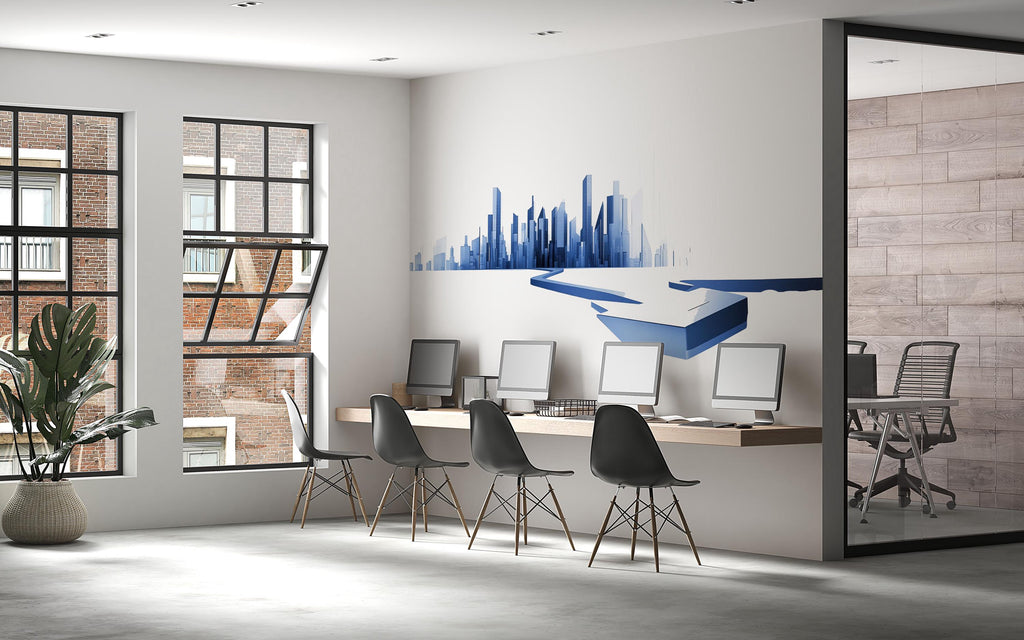 Blue City Skyline Wall Mural, Modern Office Wallpaper, Executive Workspace Decor, Corporate Urban Wall Art, Business Mural, 678mv