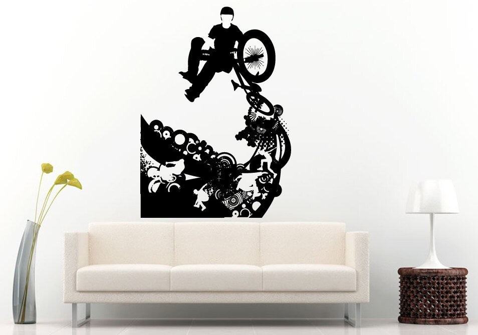 Bmx Bike Bicycle Extreme Sport Games Stunt Trick Wheelie Skateboarder Skateboard Urban City Wall Decal Vinyl Sticker Mural Room Decor L874