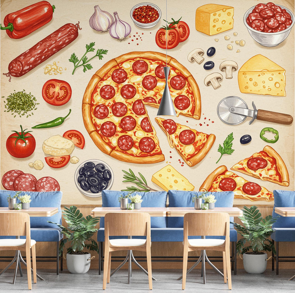 Pizza Wallpaper Mural | Vintage Pizzeria Wall Decor | Italian Restaurant Wallpaper | Pizza Kitchen Peel and Stick Wallpaper 419DE