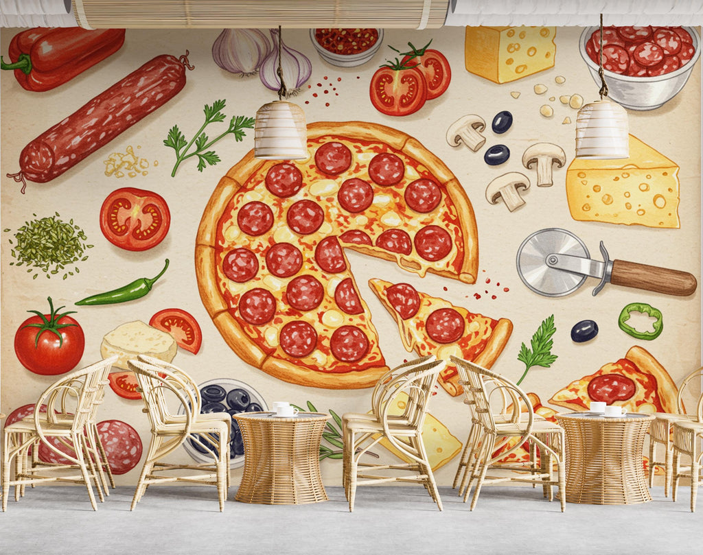 Pizza Wallpaper Mural | Vintage Pizzeria Wall Decor | Italian Restaurant Wallpaper | Pizza Kitchen Peel and Stick Wallpaper 419DE