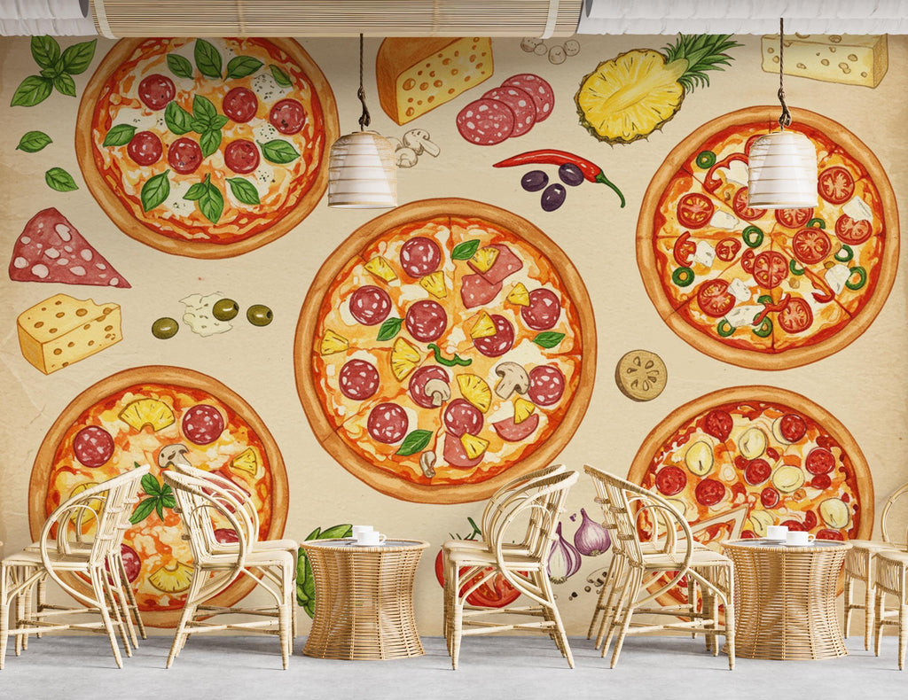 Pizza Wallpaper Mural | Vintage Pizzeria Wall Decor | Italian Restaurant Wallpaper | Pizza Kitchen Peel and Stick Wallpaper 420DE