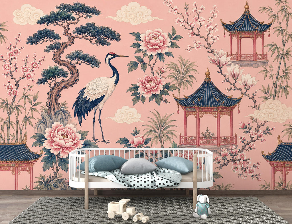Chinoiserie Wallpaper Peel and Stick, Pink Asian Garden Wall Mural, Crane Wallpaper, Oriental Floral Wallpaper, Maximalist Wall Decor 836LU