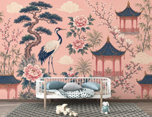Load image into Gallery viewer, Chinoiserie Wallpaper Peel and Stick, Pink Asian Garden Wall Mural, Crane Wallpaper, Oriental Floral Wallpaper, Maximalist Wall Decor 836LU