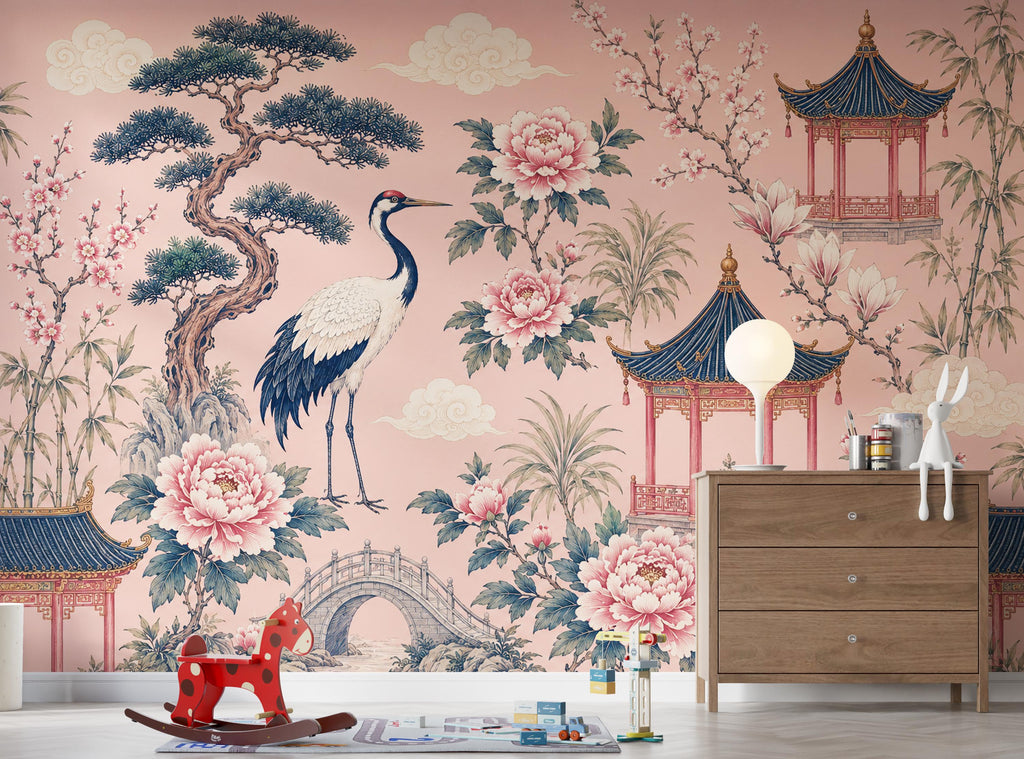 Chinoiserie Wallpaper Peel and Stick, Pink Asian Garden Wall Mural, Crane Wallpaper, Oriental Floral Wallpaper, Maximalist Wall Decor 836LU