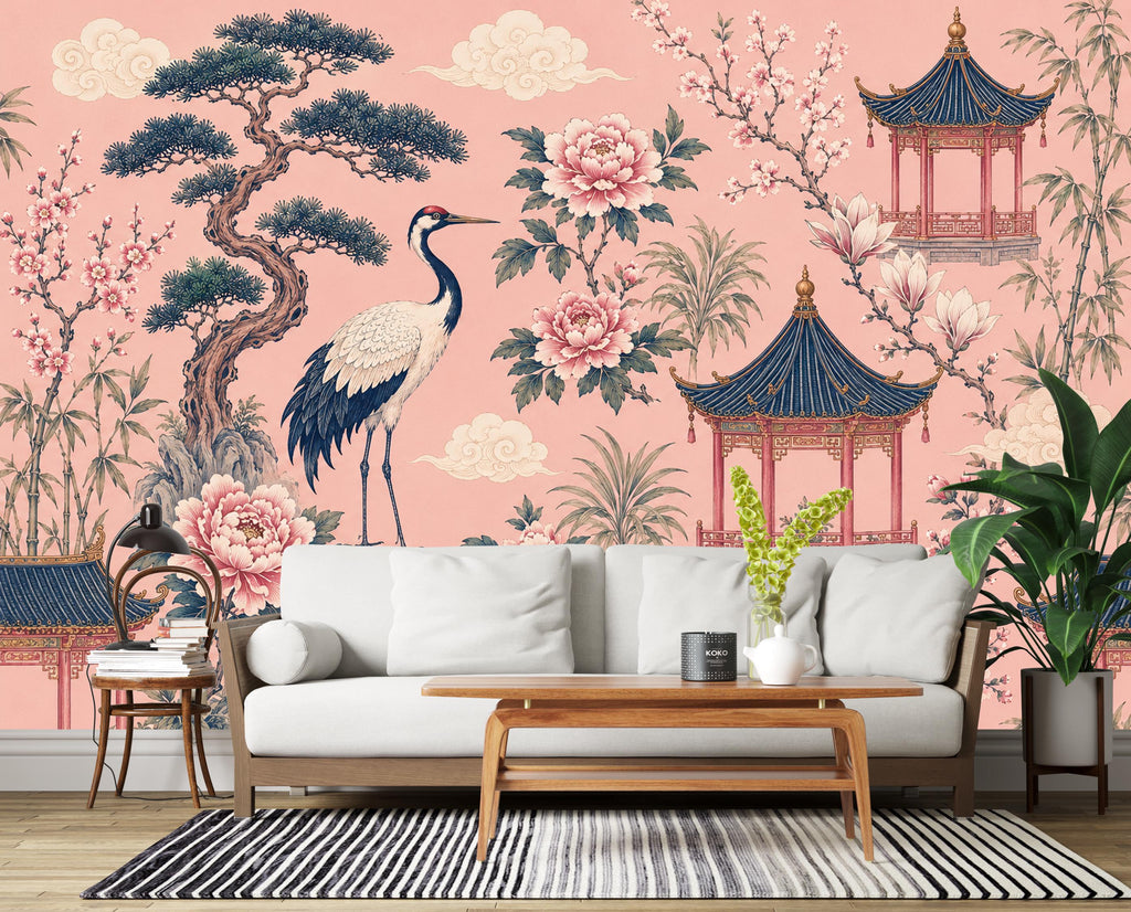 Chinoiserie Wallpaper Peel and Stick, Pink Asian Garden Wall Mural, Crane Wallpaper, Oriental Floral Wallpaper, Maximalist Wall Decor 836LU