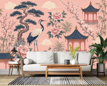 Load image into Gallery viewer, Chinoiserie Wallpaper Peel and Stick, Pink Asian Garden Wall Mural, Crane Wallpaper, Oriental Floral Wallpaper, Maximalist Wall Decor 836LU