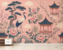 Load image into Gallery viewer, Chinoiserie Wallpaper Peel and Stick, Pink Asian Garden Wall Mural, Crane Wallpaper, Oriental Floral Wallpaper, Maximalist Wall Decor 836LU