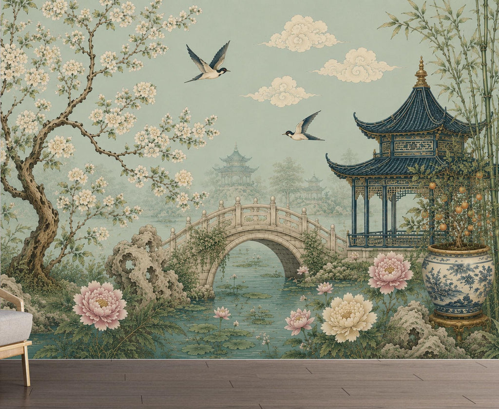 Chinoiserie Wallpaper Peel and Stick, Sage Green Asian Garden Wall Mural, Oriental Floral Wallpaper, Pagoda Wallpaper, Botanical Decor 836LU