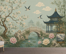 Load image into Gallery viewer, Chinoiserie Wallpaper Peel and Stick, Sage Green Asian Garden Wall Mural, Oriental Floral Wallpaper, Pagoda Wallpaper, Botanical Decor 836LU