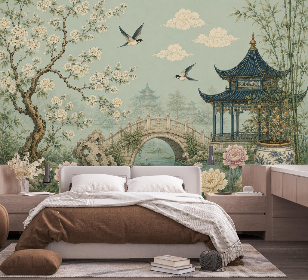 Chinoiserie Wallpaper Peel and Stick, Sage Green Asian Garden Wall Mural, Oriental Floral Wallpaper, Pagoda Wallpaper, Botanical Decor 836LU