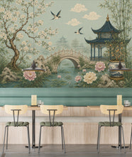 Load image into Gallery viewer, Chinoiserie Wallpaper Peel and Stick, Sage Green Asian Garden Wall Mural, Oriental Floral Wallpaper, Pagoda Wallpaper, Botanical Decor 836LU