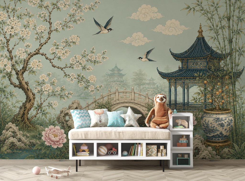 Chinoiserie Wallpaper Peel and Stick, Sage Green Asian Garden Wall Mural, Oriental Floral Wallpaper, Pagoda Wallpaper, Botanical Decor 836LU