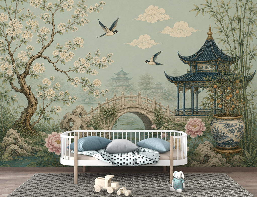 Chinoiserie Wallpaper Peel and Stick, Sage Green Asian Garden Wall Mural, Oriental Floral Wallpaper, Pagoda Wallpaper, Botanical Decor 836LU