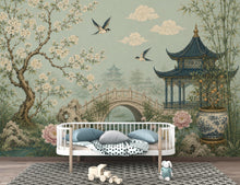 Load image into Gallery viewer, Chinoiserie Wallpaper Peel and Stick, Sage Green Asian Garden Wall Mural, Oriental Floral Wallpaper, Pagoda Wallpaper, Botanical Decor 836LU