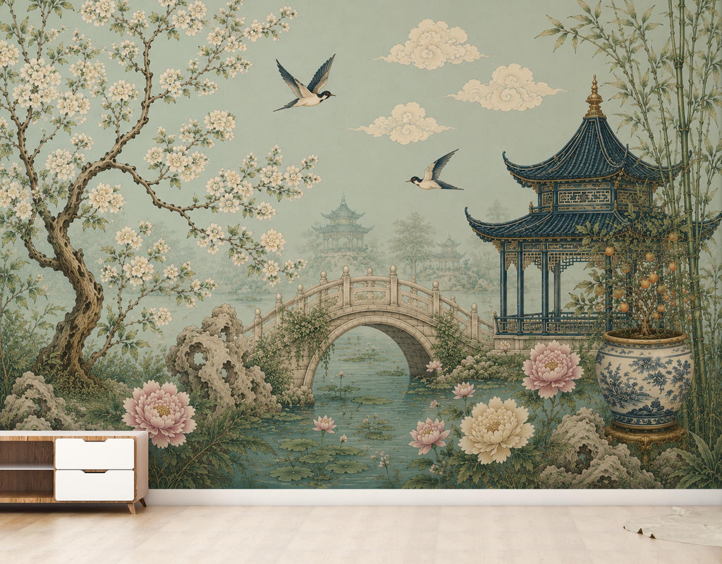 Chinoiserie Wallpaper Peel and Stick, Sage Green Asian Garden Wall Mural, Oriental Floral Wallpaper, Pagoda Wallpaper, Botanical Decor 836LU
