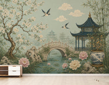 Load image into Gallery viewer, Chinoiserie Wallpaper Peel and Stick, Sage Green Asian Garden Wall Mural, Oriental Floral Wallpaper, Pagoda Wallpaper, Botanical Decor 836LU