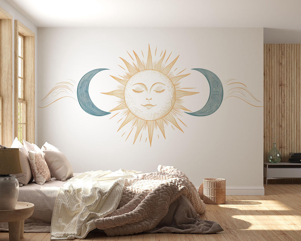 Celestial Sun Moon Wall Decal Boho Yoga Studio Wall Art Minimalist Spiritual Vinyl Sticker Meditation Wellness Room Decor