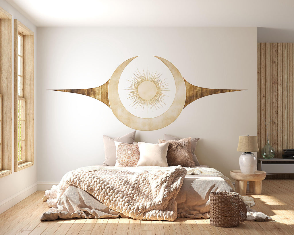 Boho Sun Moon Wall Decal Celestial Yoga Studio Wall Art Minimalist Spiritual Vinyl Sticker Meditation Room Wellness Decor