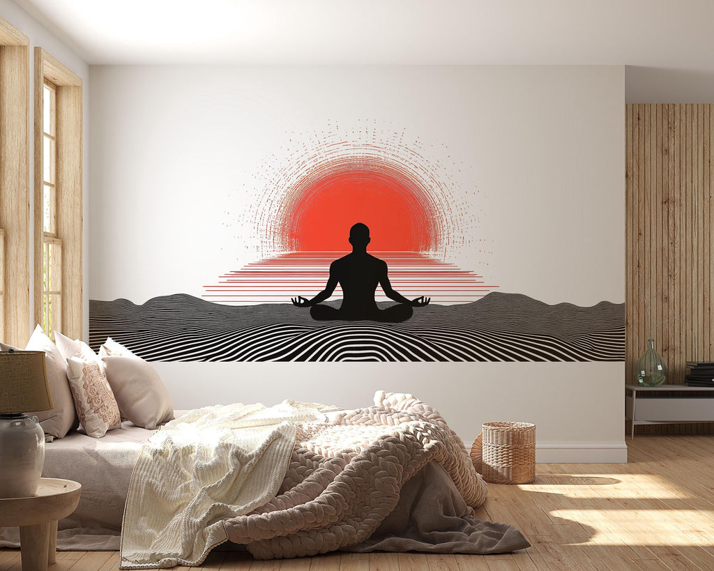 Meditation Sunset Wall Decal Yoga Studio Wall Art Zen Spiritual Vinyl Sticker Wellness Room Decor Boho Meditation Mural