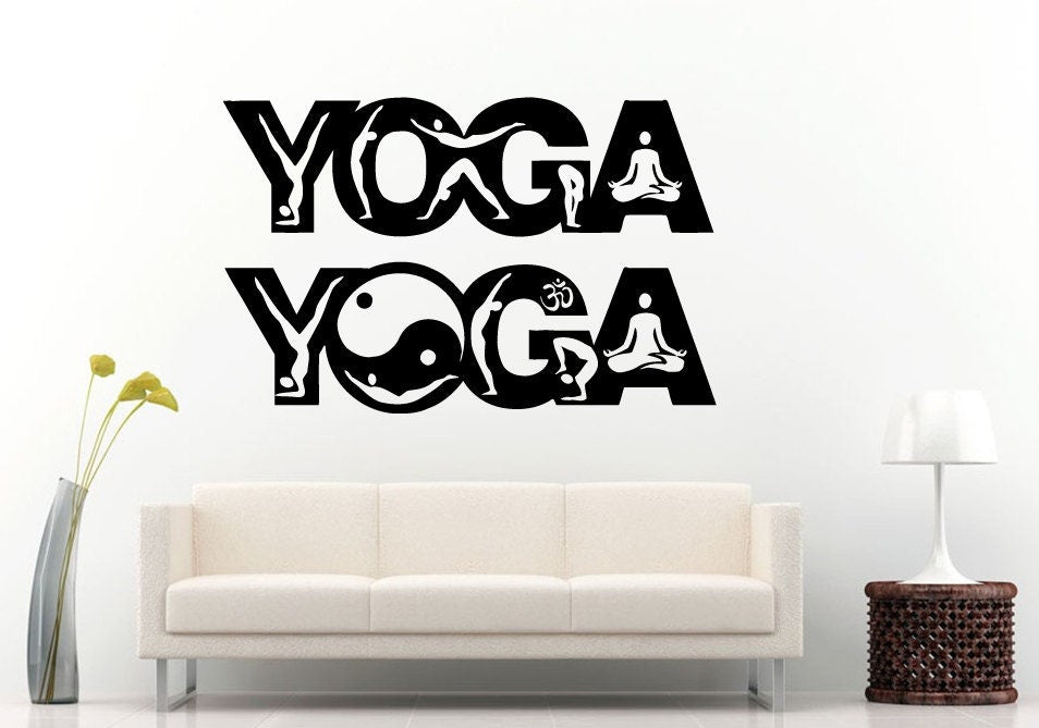 Yoga Two Words Set Yin Yang Sign Om Sign Yoga Poses Wall Decal Vinyl Sticker Mural Room Decor L887