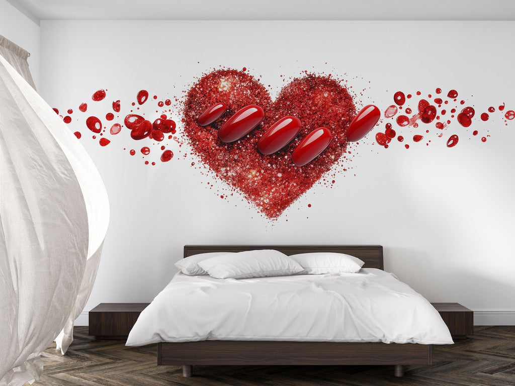 Red Heart Nail Wall Decal, Manicure Bedroom Wall Art, Valentine Love Mural, Nail Salon Decor, Romantic Beauty Room Decor, 571mv