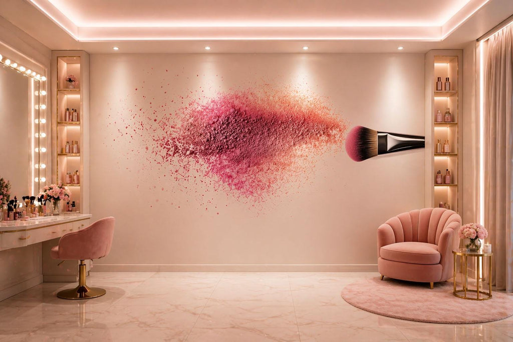 Makeup Brush Wall Mural, Pink Powder Wallpaper, Beauty Salon Wall Decor, Cosmetic Art, Glam Makeup Room Decal, 579mv