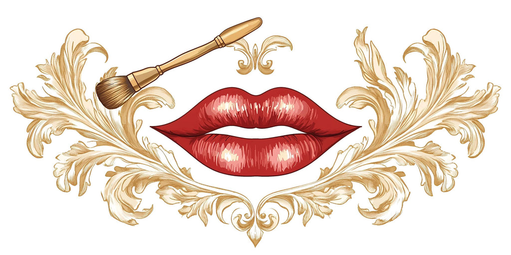 Red Lips Wall Mural, Gold Baroque Wallpaper, Makeup Brush Wall Decor, Beauty Salon Bedroom Decal, Glam Lipstick Art, 585mv
