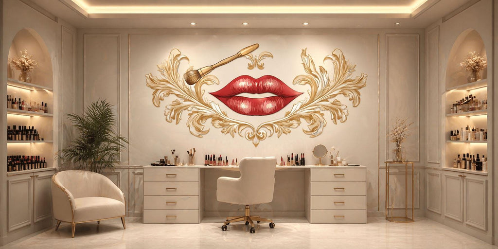 Red Lips Wall Mural, Gold Baroque Wallpaper, Makeup Brush Wall Decor, Beauty Salon Bedroom Decal, Glam Lipstick Art, 585mv