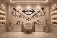 Load image into Gallery viewer, Black Lips Wall Mural, Gold Makeup Brush Wallpaper, Mascara Wand Wall Decor, Beauty Salon Bedroom Decal, Glam Vanity Art, 587mv