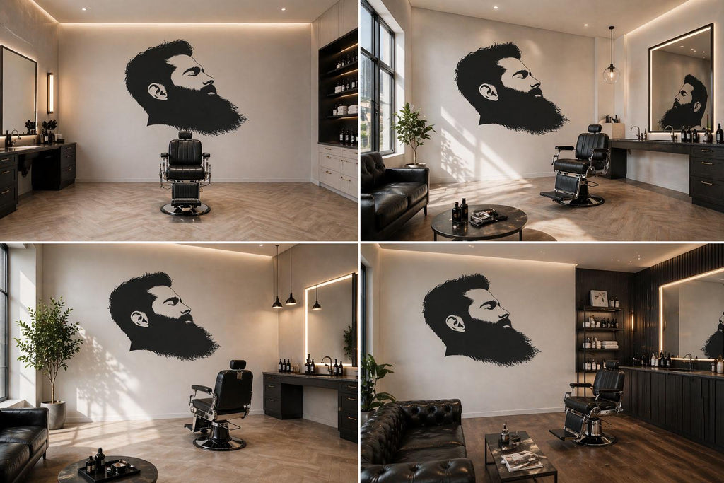 Bearded Man Wall Mural, Barber Shop Wallpaper, Black Male Silhouette Wall Decal, Men’s Grooming Studio Decor, 591mv