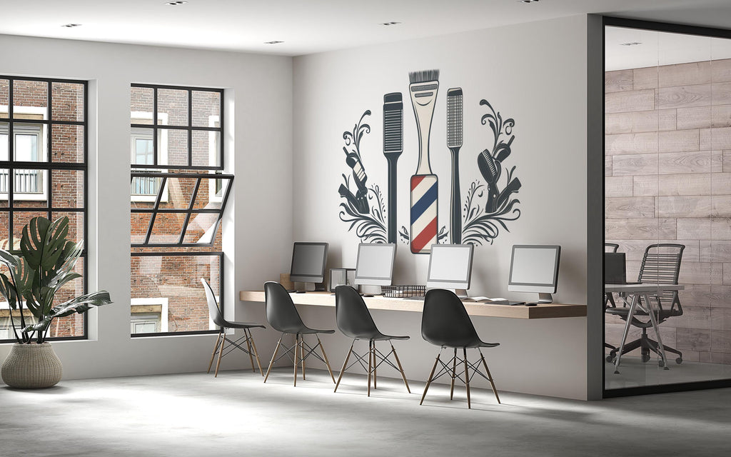 Barber Tools Wall Mural, Barber Shop Wallpaper, Clipper Comb Barber Pole Wall Decor, Men’s Grooming Salon Decal, 601mv