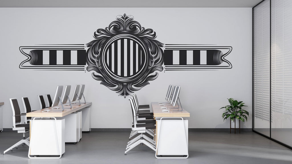 Barber Emblem Wall Mural, Vintage Barbershop Wallpaper, Black Ornate Salon Wall Decal, Men’s Grooming Office Decor, 602mv