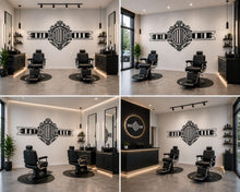 Load image into Gallery viewer, Barber Emblem Wall Mural, Vintage Barbershop Wallpaper, Black Ornate Salon Wall Decal, Men’s Grooming Office Decor, 602mv