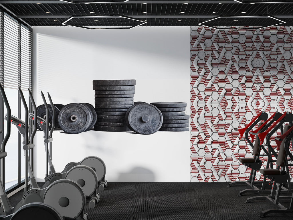 Weight Plates Wall Mural, Gym Wallpaper, Fitness Studio Wall Decal, Home Gym Decor, Weightlifting Workout Room Art, 608mv