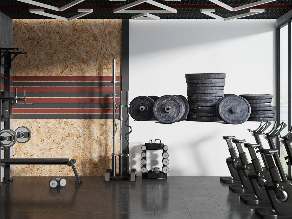 Weight Plates Wall Mural, Gym Wallpaper, Fitness Studio Wall Decal, Home Gym Decor, Weightlifting Workout Room Art, 608mv