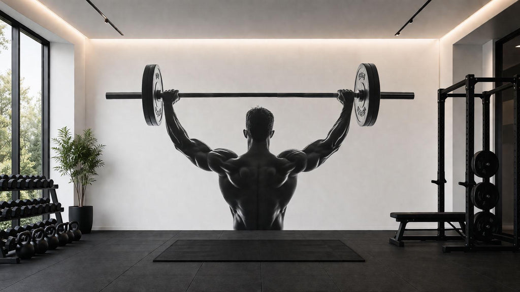 Bodybuilder Wall Mural, Gym Wallpaper, Barbell Weightlifting Wall Decal, Home Gym Decor, Fitness Studio Workout Art, 609mv