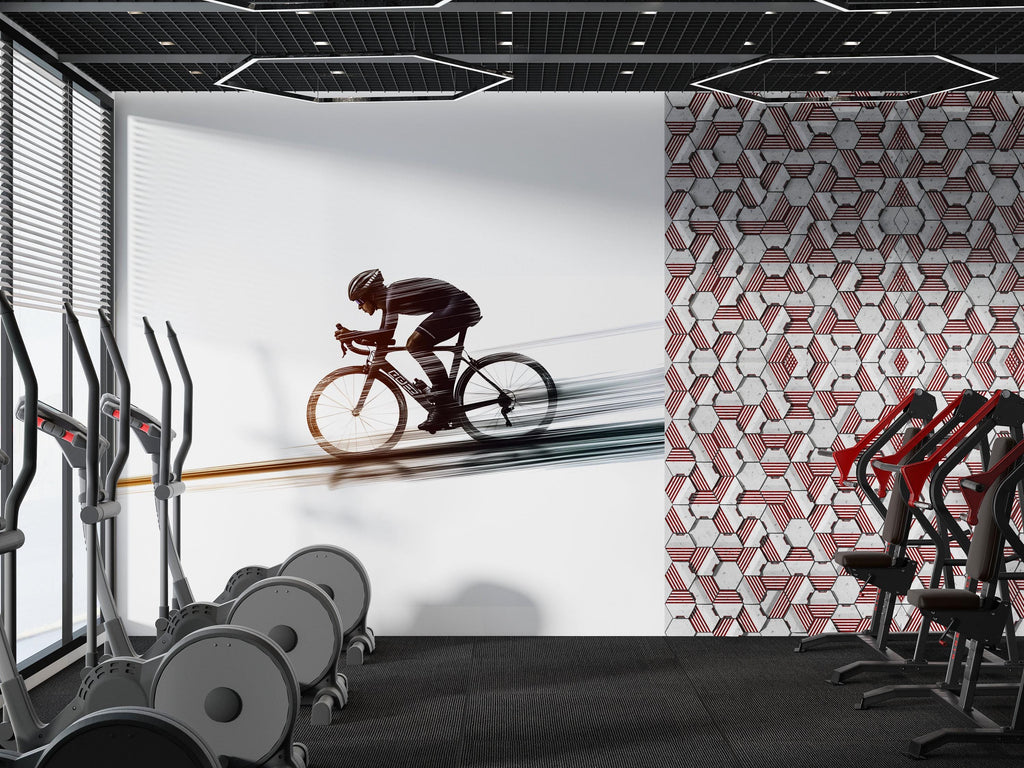 Cyclist Wall Mural, Bike Rider Gym Wallpaper, Cycling Wall Decal, Fitness Studio Decor, Home Gym Workout Art, 612mv