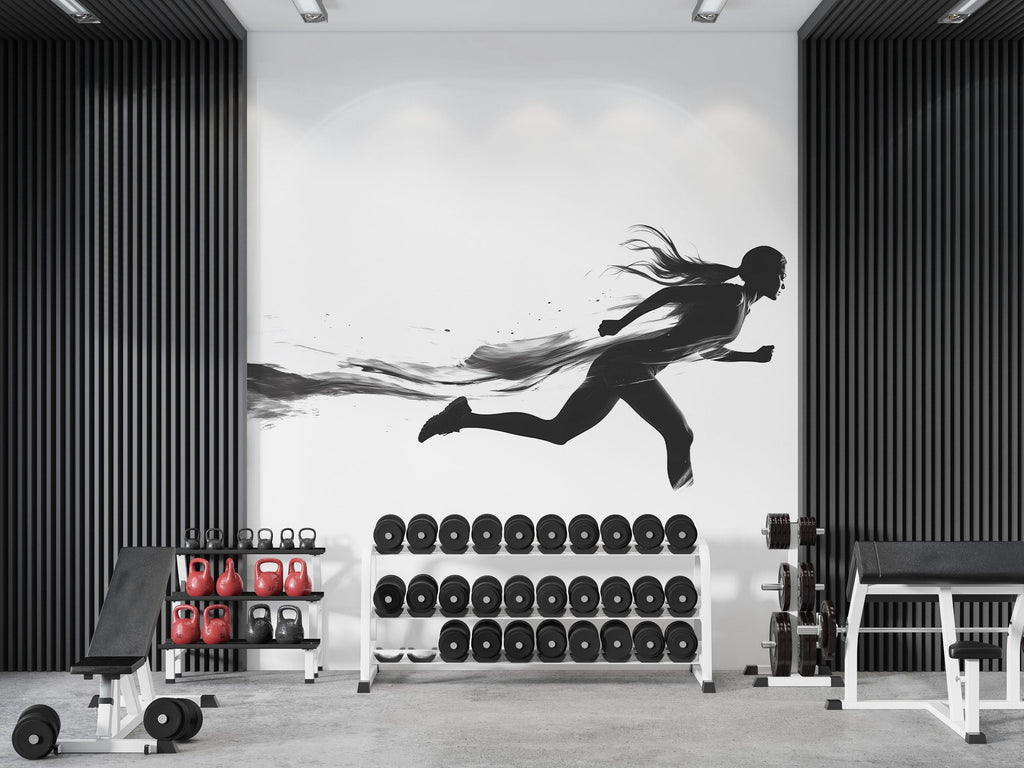 Female Runner Wall Mural, Gym Wallpaper, Black Running Silhouette Wall Decal, Fitness Studio Workout Room Decor, 614mv