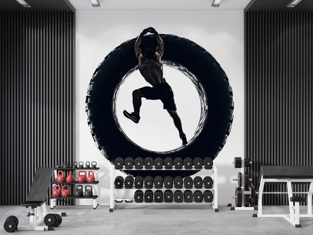 Tire Workout Wall Mural, Gym Wallpaper, Athlete Fitness Wall Decal, Home Gym Decor, Strength Training Room Art, 619mv