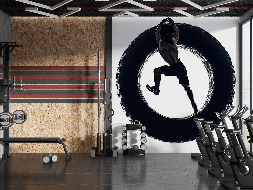 Tire Workout Wall Mural, Gym Wallpaper, Athlete Fitness Wall Decal, Home Gym Decor, Strength Training Room Art, 619mv