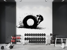 Load image into Gallery viewer, Tire Flip Wall Mural, Gym Wallpaper, Athlete Fitness Wall Decal, Home Gym Decor, Bootcamp Workout Room Art, 620mv